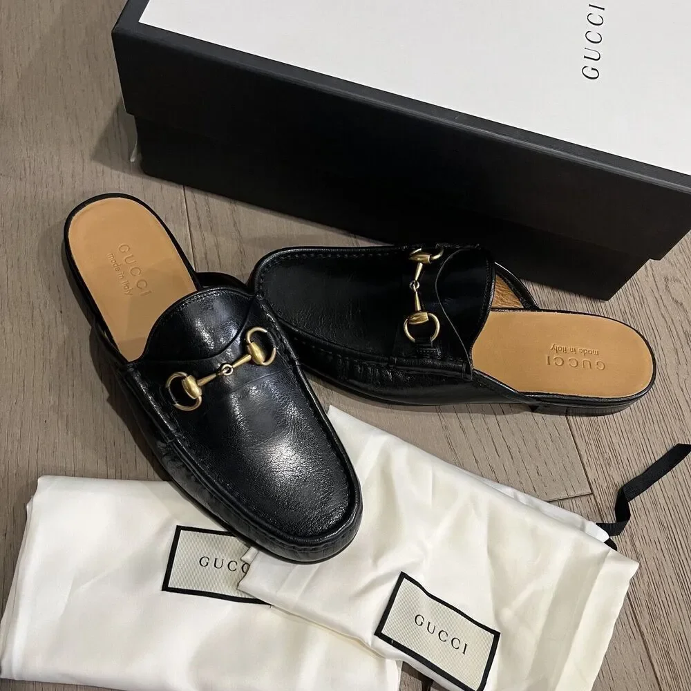GUCCI Quentin Horsebit Mules Loafers Men's Open Roos Black Size 9 NEW